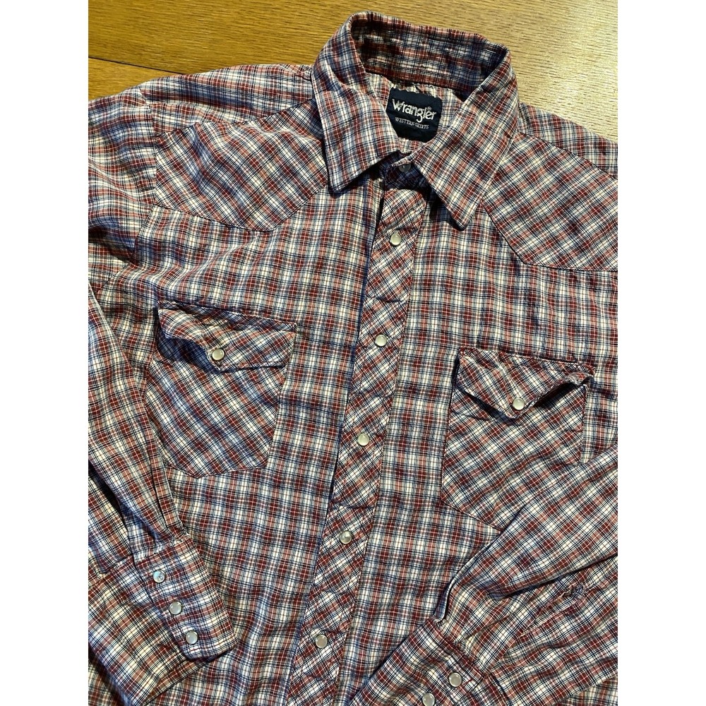 Wrangler Western Mens L (measured) Red White Check‎ Pearl Snap Button Down Shirt